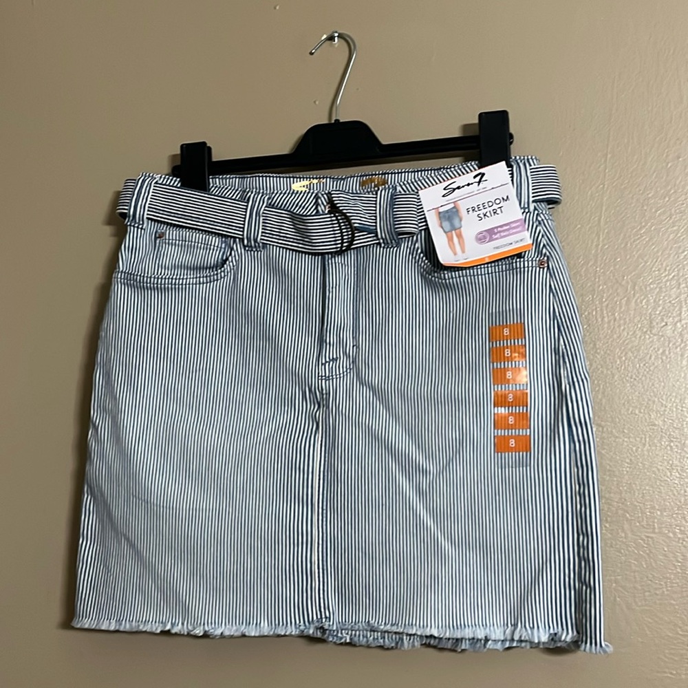 Seven7 Skirt Sz8 Pinstripe Belted Pockets Frill Hem Casual Feminine Denim